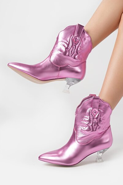 Nobrand Western Pink Rodeo Metalik Pembe Vegan Deri Kadın Bot