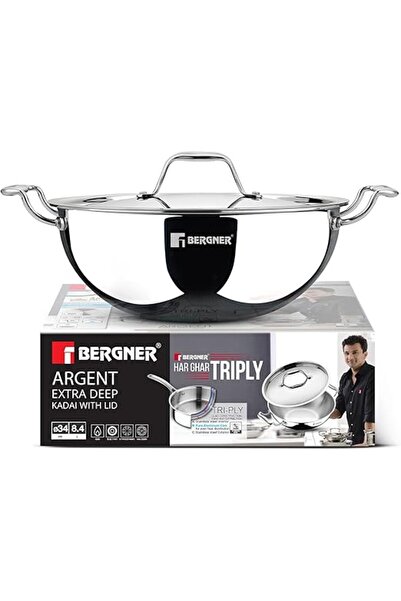 Bergner Argent 34cm 9.1L Tri-Ply Stainless Steel Deep Stir-Fry Pan Lid Health...