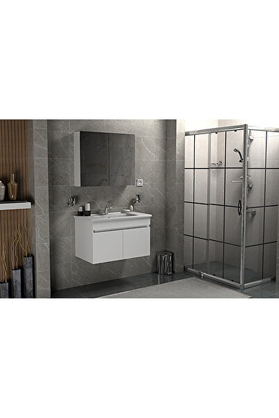 Demezler Home 80 CM Beyaz Renkli MDF Hilton Lavabo, Aynalı, Seramik Lavabolu,...