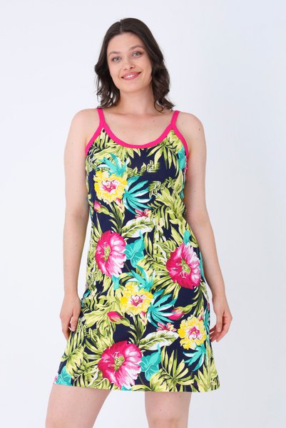 İntensive Navy Blue Patterned 100% Cotton Summer Strap Dress