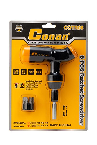 CONAN 8PCS T-Handle Ratchet Screwdriver Set – 1/4" (6.35mm) – Soft-Grip – Mod...