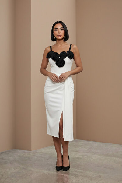 ALFUDO Moda Collection White Midi Pencil Dress – Floral Detail