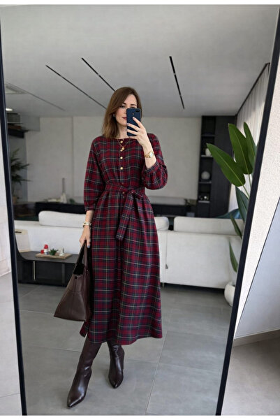 Yaren Moda Kadın Ekose Elbise(pamukludur)