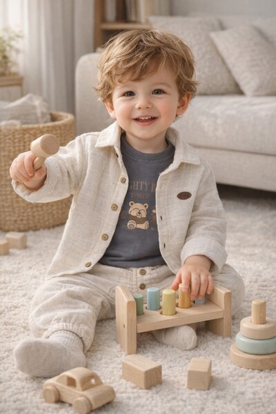 Babyhola طقم ثلاثي للأطفال الذكور من قماش الموسلين المزخرف على شكل دمية دب 2203