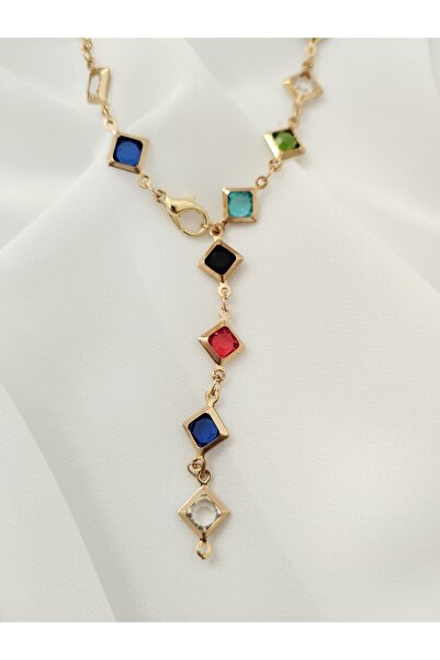 Rasa Çok Renkli Baklava Kesim Taşlı Y Formlu Şık Kolye