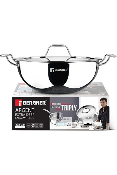 Bergner Argent 32cm 7L Tri-Ply Stainless Steel Deep Stir-Fry Pan Lid Healthy ...