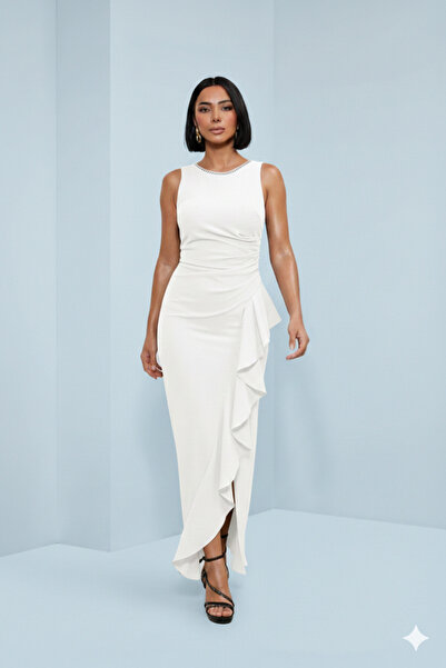 ALFUDO Moda Collection Rochie de seară lungă pentru femei, cu volane laterale