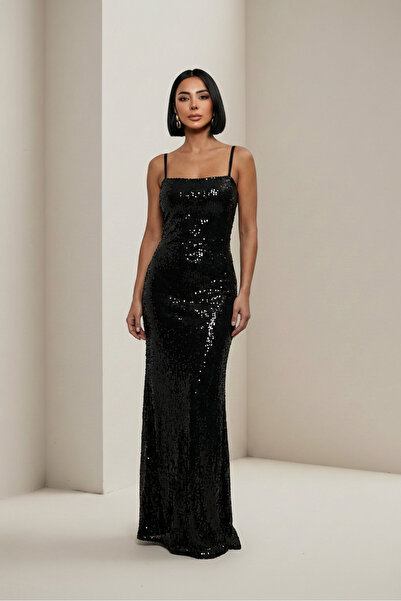 ALFUDO Moda Collection Black Strap Sequined Long Graduation Evening Dress