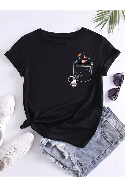 uyguntarz Unisex Figure Astronot Cep Detayı Baskılı Tasarım Tshirt