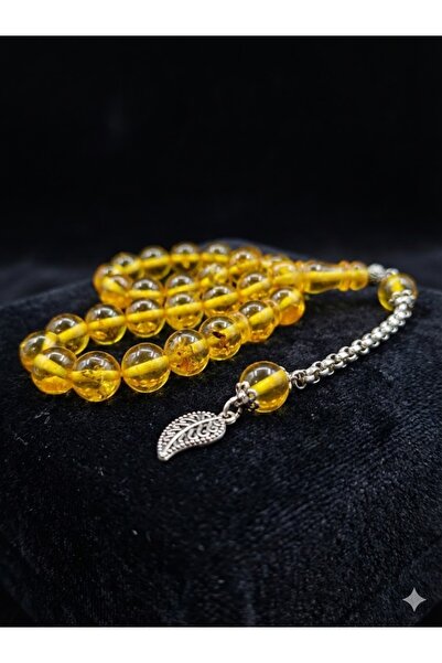 Medine Baazar Sarı Fosilli Damla Kehribar Görünümlü Tesbih - Küre Kesim Günlü...