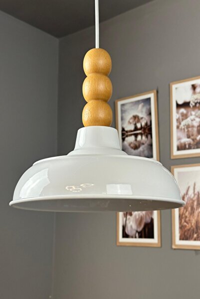 Bamyum Veluna Beyaz Ahşap Üç Boncuk Başlık Avize Retro Sarkıt Ofis Showroom S...