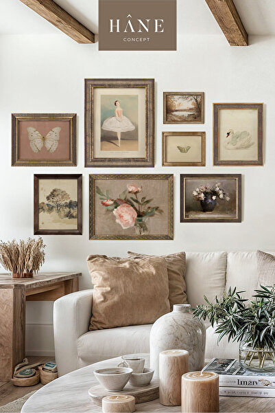 Hane Concept Pembe Dokunuşlu Vintage 8’li Duvar Çerçeve Seti – Klasik Sanat v...