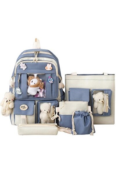 AyShop 5 Parça Kore Tarzı Aksesuarsız Büyük Boy Okul Çanta Seti