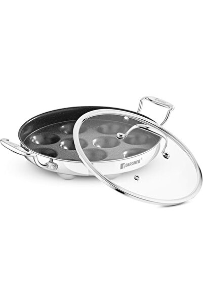 Bergner 25cm 11-Cavity Triply Stainless Steel Paniyarakkal Glass Lid Non-Stic...