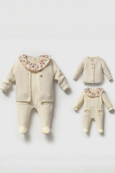 Nipperland Çiçek Yakalı Motif Örgü Triko Hırka & Tulum Bebek Seti