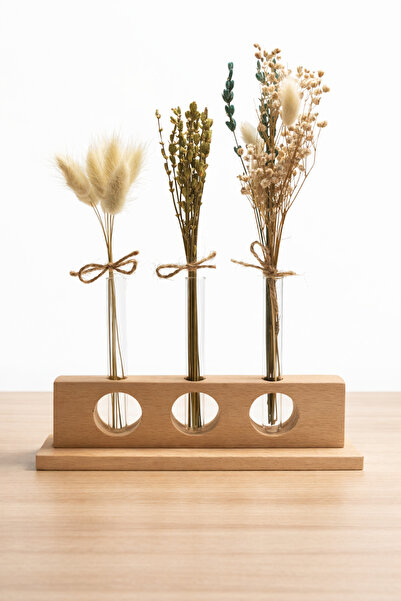 nijiartdesign 3'lü Ahşap Gövdeli Cam Tüp Hazneli Masa ve Sehpa Üzeri Cam Vazo...