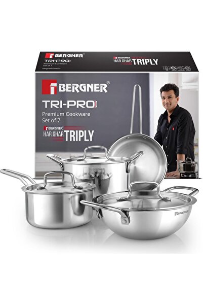 Bergner TriPro 7-Pc Triply Stainless Steel Cookware Set - Induction & Gas Com...