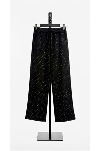 BANEGA Γυναικείο μαύρο παντελόνι με ψηλόμεσο ελαστικό κορδόνι στη μέση, φαρδύ...