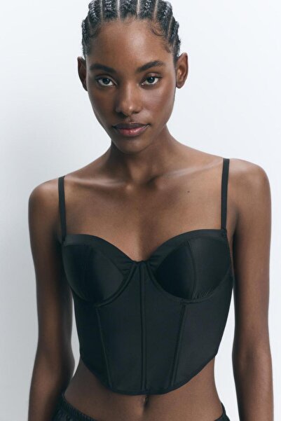 AYSEGUL SOZKESEN Parlak Yüzeyli Kadın Saten Korse Görünümlü Büstiyer