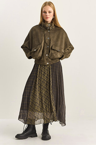 Bianco Lucci Γυναικεία φούστα μίντι σιφόν με καρό σχέδιο με εφέ ζαρωμένης επέ...