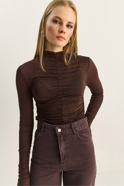 Bianco Lucci Women's Shirred Long Sleeve Soft Touch Blouse 1036 60283902