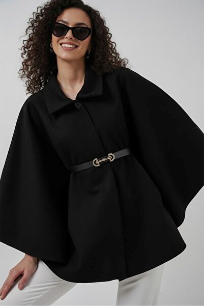 Gülşah collection Belted Stamp Poncho - Black