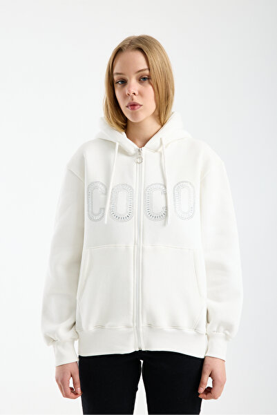 HEDEF DAİSY Women's Tops Stone Printed Hooded Kangaroo Pocket Zippered Three ...