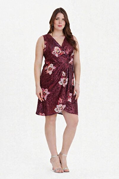 EVEN plus size Bordo Çiçek Desenli Payetli Kruvaze Büyük Beden Abiye Elbise