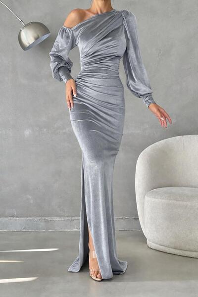 Deafox Gray One Shoulder Open Detail Velvet Fabric Maxi Length Long Sleeve Dress