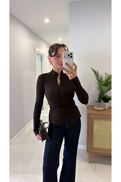 BİRCANÇİL Senfoni Brown Waist Button Detailed Blouse