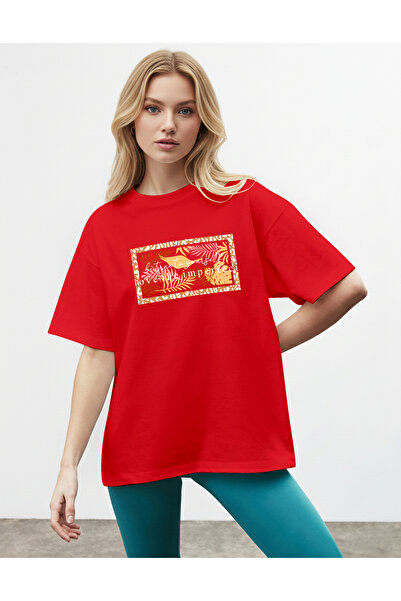 caddekombin Women's Leopard Palm Printed Crew Neck Red T-Shirt