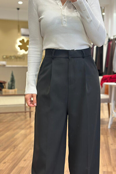 Unique Boutique قماش أسود عالي الخصر بنطلون واسع الأرجل