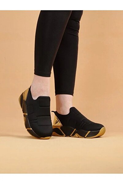 Layber Black Color Parachute Fabric Women's Sports Shoes Sneaker with Gold Co...