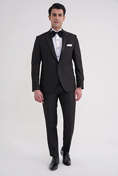 Efor Slim Fit Çift Yıtmaç Fleto Cep Doku Desenli Çıkarılabilir Saten Yaka Siy...