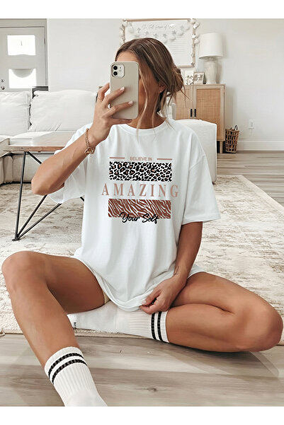 caddekombin Γυναικείο μπλουζάκι Leopard Amazing με τύπωμα Crew Neck White