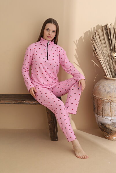 ELİTOL Zippered Waffle Knitted Long Sleeve Women's Pajama Set