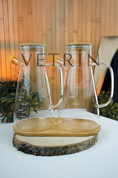 VETRİN 2'li 900 ML Bambu Standlı ve Kapaklı Yağdanlık