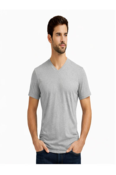 Soho Mood Men's V-Neck 100% Cotton Gray Basic T-Shirt
