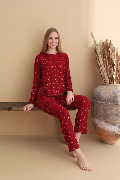 ELİTOL Waffle Knitted Long Sleeve Women's Pajama Set with Pocket Detail
