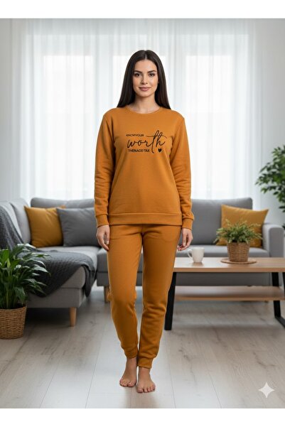 FAMES PİJAMA Women's Mustard Fleece Pajama Set