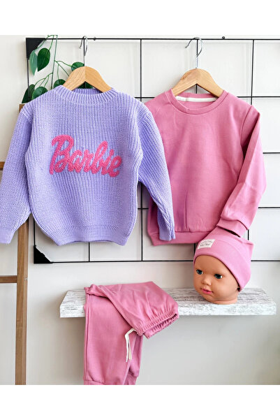 hümabebe سترة تريكو مطرزة من باربي وقماش ريبانا طقم مكون من 4 قطع للفتيات