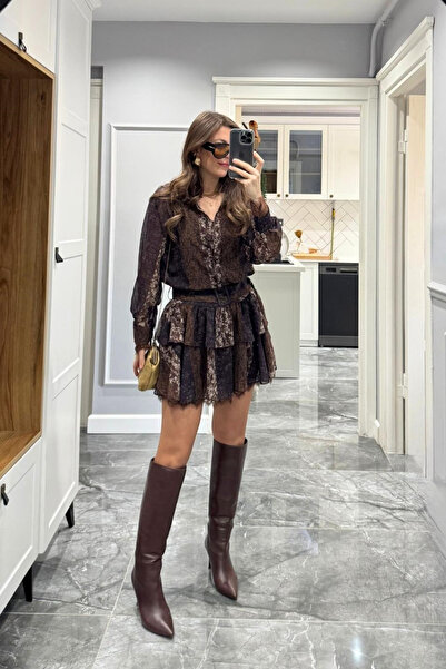 Banu Angay Etnik Desen Eteği Kat Kat Astarlı Şifon Elbise Kahverengi