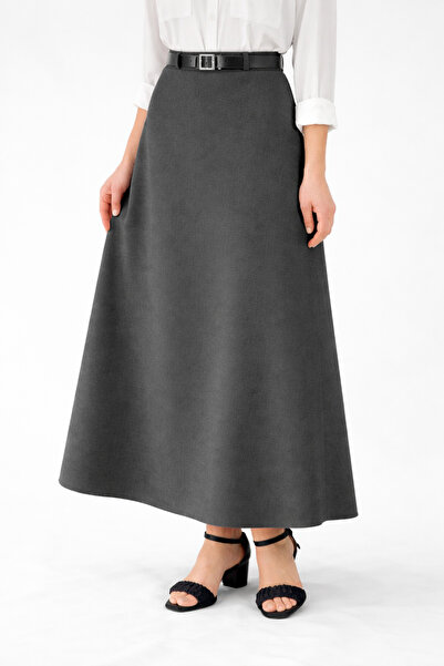 YAXİ FUSTA MAXI DETALIATA CU CUREA, LARGA, DIN PIELE GRĂI ÎNCHISĂ