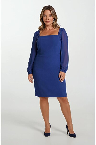 Spazio Panattiere Manşet Omuz İnci İşlemeli Kısa Abiye Elbise LACİVERT