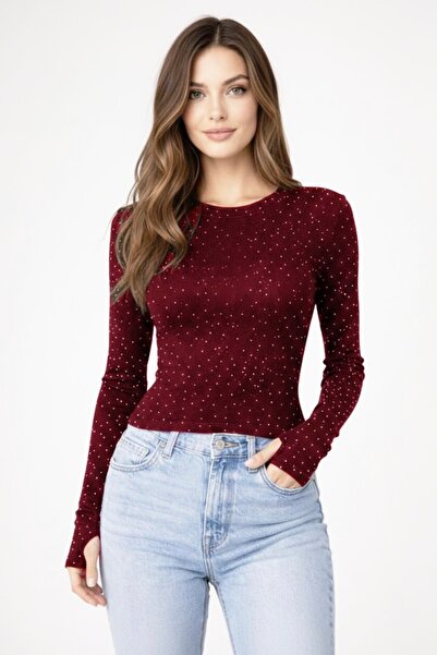 BANEGA Women's Stone Embroidered Finger Detail Flexible Modal Fabric Blouse