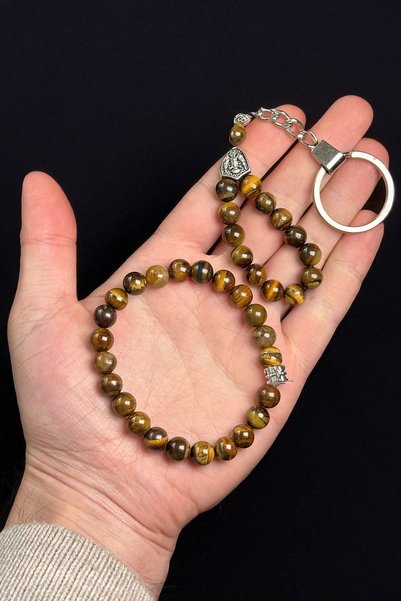 TESBİHKENTİ Tiger's Eye Stone Wrist and Keychain Set Combination