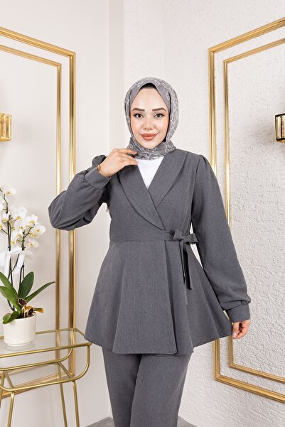 Foremia بدلة بولي فيسكون مع جاكيت بتفاصيل حزام - أنثراسيت