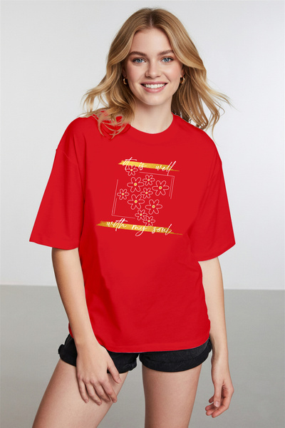 caddekombin Women's Daisy Patterned It Is Well Written Crew Neck Red T-Shirt