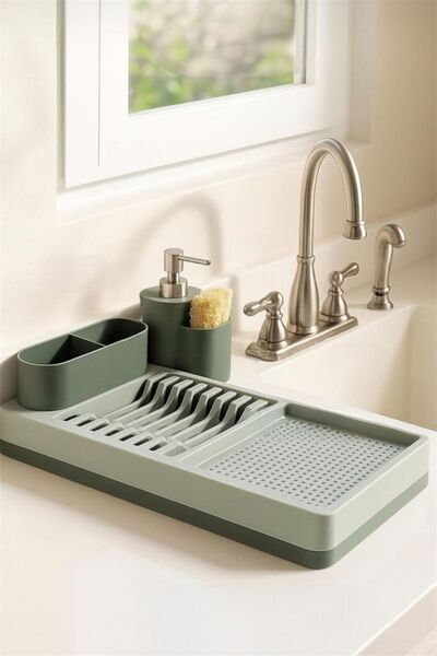 Bayev Aqua Yeşil Bulaşıklık & Tezgah Üstü Kurutmalık Tabaklık – Çok Bölmeli M...