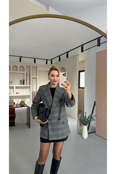 Sezgi Tekin Flap Pocket Detail Gray Plaid Blazer